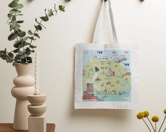 Norfolk  Illustrated Map Tote Bag Canvas Bag Shopping Bag Illustrated map