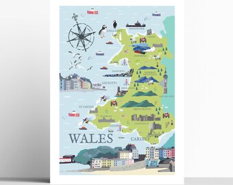 Illustrated Map of Wales Art Print Artist Print, travel print poster, gift idea House Warming Present Wedding Gift Personalisation Available