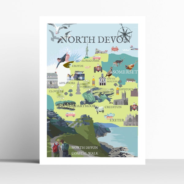 Illustrated Map of North Devon Art Print, Illustration, Artist Print by Betty Boyns, Harbour, Seaside,  Sea, Cornwall, travel print/ poster