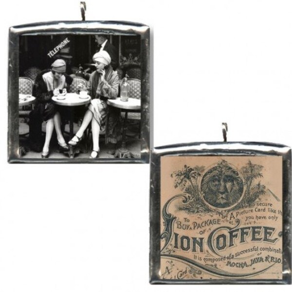 Vintage photo charm COFFEE IN PARIS. Soldered pendant. Double sided, one of a kind unique jewelry