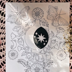 Butterfly Moon Coloring Page // Digital Download // Hand-drawn