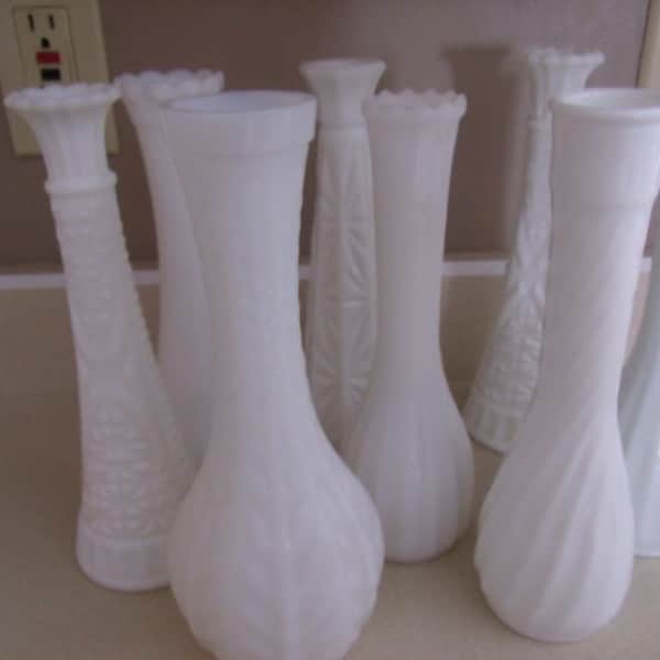 Lot EIGHT TALL Milk Glass Bud Vases
