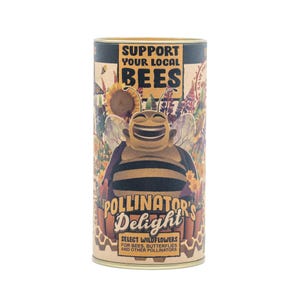 May include: A yellow and black bee cartoon character with a smiling face on a brown and white can. The can says "Support Your Local Bees" and "Pollinator's Delight" with the text "Select Wildflowers for Bees, Butterflies and Other Pollinators".