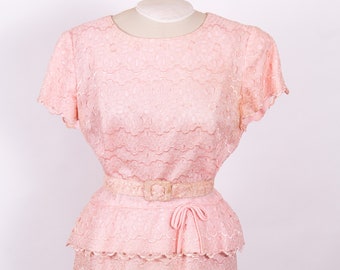 Vintage pink lace wiggle dress with peplum