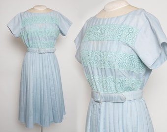 Vintage 1950s Dress - Sheer Sky Blue Cotton Blend Day Dress With Lace Details and matching belt