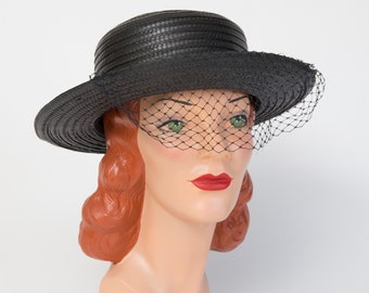 Vintage Black Straw Sun Hat - Black Hat - Black 1940s Hat - Black 1950s Hat - Hat with Veil - Hat with Bow