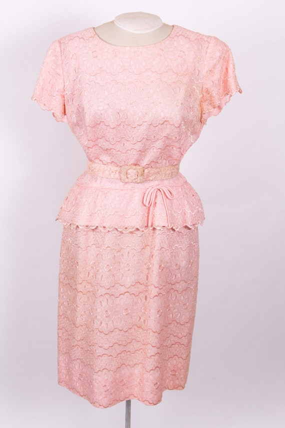 Vintage pink lace wiggle dress with peplum