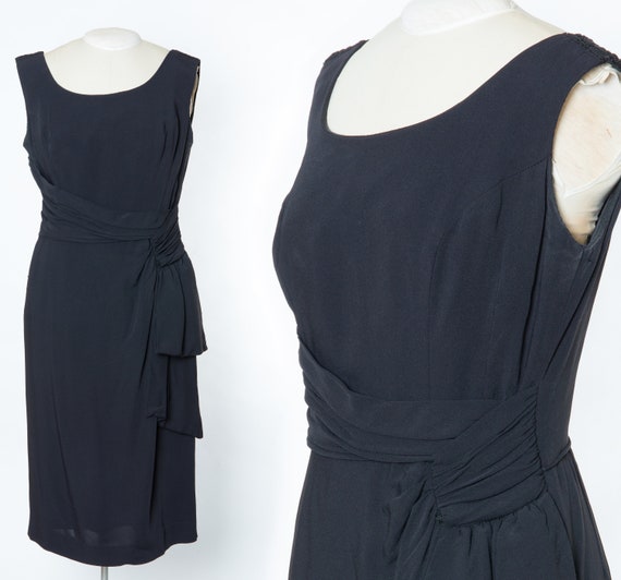 Vintage 1950s black cocktail wiggle dress - drapi… - image 1