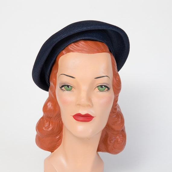 Vintage Beret with Raffia Pom Pom - Blue Straw Beret … - Gem display picture 2