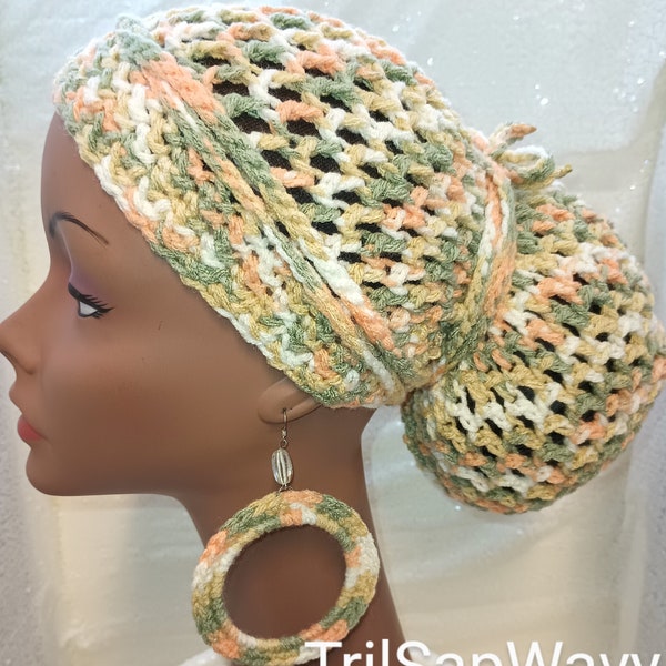 Crochet Dreadloc Hat, Striped Mesh Beanie, Women's Slouchy, Rasta Hat for Shoulder to Chest Length Dreads