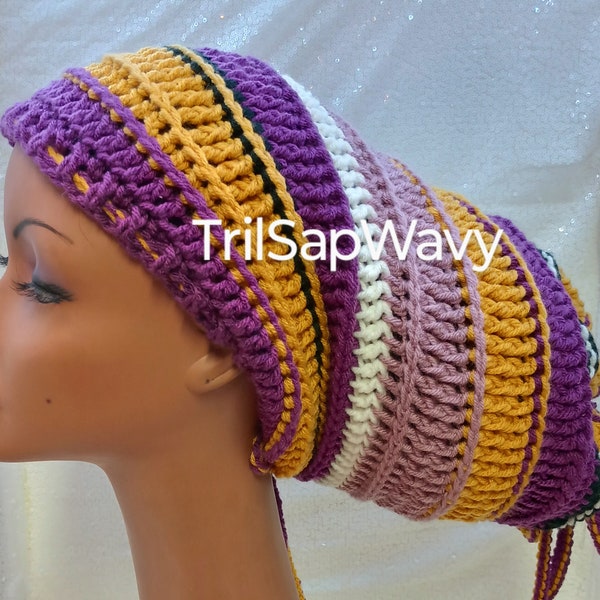 Striped Crochet Dreadloc Hair Sleeve,  Hair Sock, Open Ended Hat, Rasta Dreadloc Tube with ties