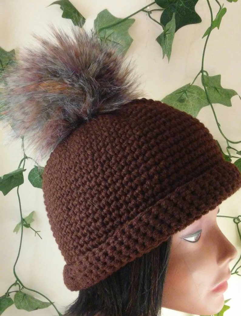 Hat and Fingerless Gloves Brown Winter Hat with Faux Fur pom-pom