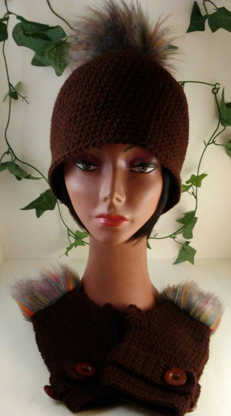 Hat and Fingerless Gloves Brown Winter Hat with Faux Fur pom-pom