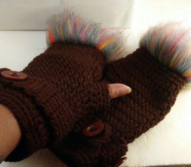 Hat and Fingerless Gloves Brown Winter Hat with Faux Fur pom-pom