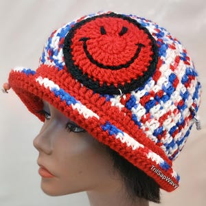 Red, White and Blue Crochet Bucket Hat, Classic Unisex Style Beanie, Patriotic Fashion Accessory