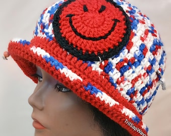 Red, White and Blue Crochet Bucket Hat, Classic Unisex Style Beanie, Patriotic Fashion Accessory