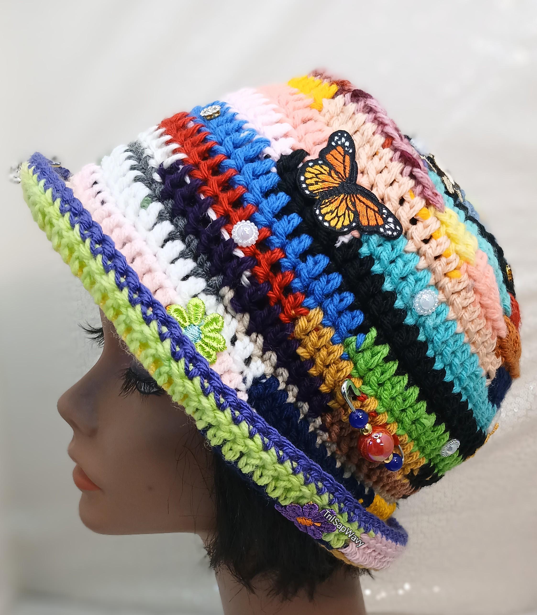 Scrap Yarn Handmade Crochet Bucket Hat Unisex Multicolor Funky Artsy Fall Winter Amazon.com: QOOEQPQY Women Stripes Winter Bucket Hat  main image 3