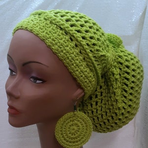 Crochet Dreadloc Hat, Lime Green Women&#39;s Slouchy, Rasta Beanie for Shoulder to Chest Length Dreads
