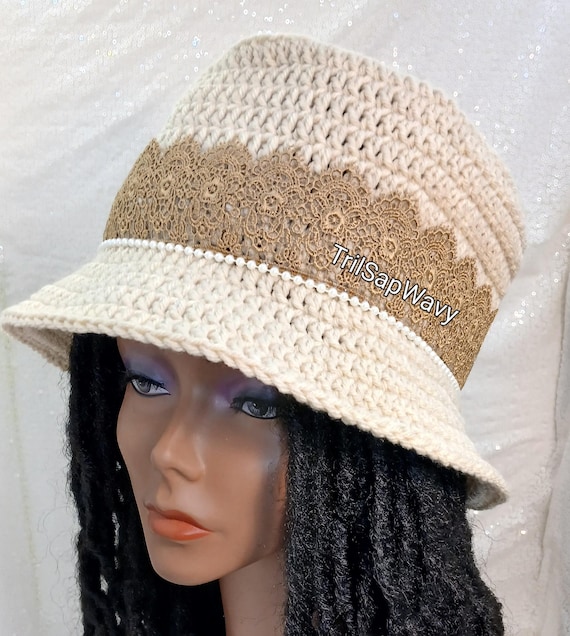 Crochet Bucket Hat: Oat Acrylic, Lace & Pearl Embellished - Etsy display picture 1