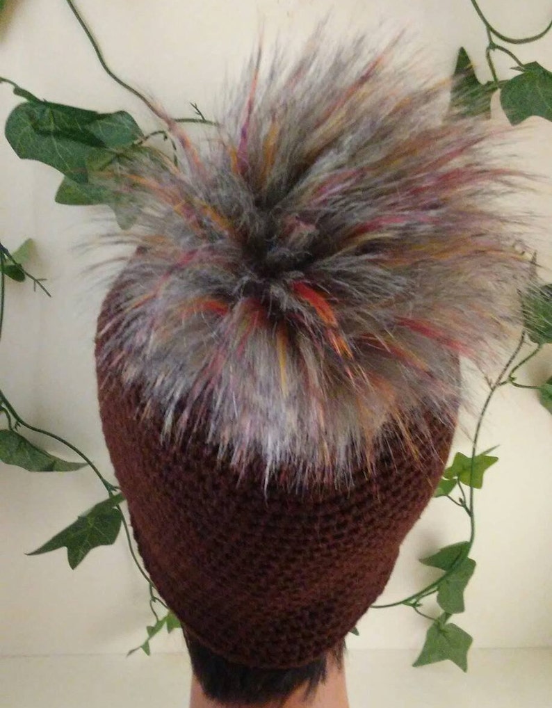 Hat and Fingerless Gloves Brown Winter Hat with Faux Fur pom-pom