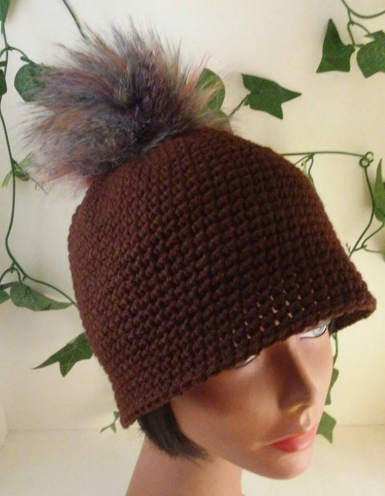 Hat and Fingerless Gloves Brown Winter Hat with Faux Fur pom-pom