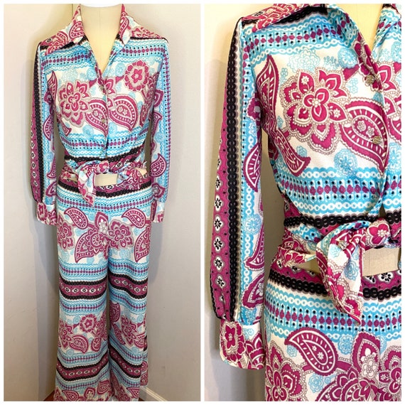 60s 2-Piece Bell Bottom & Blouse Psychedelic Prin… - image 1