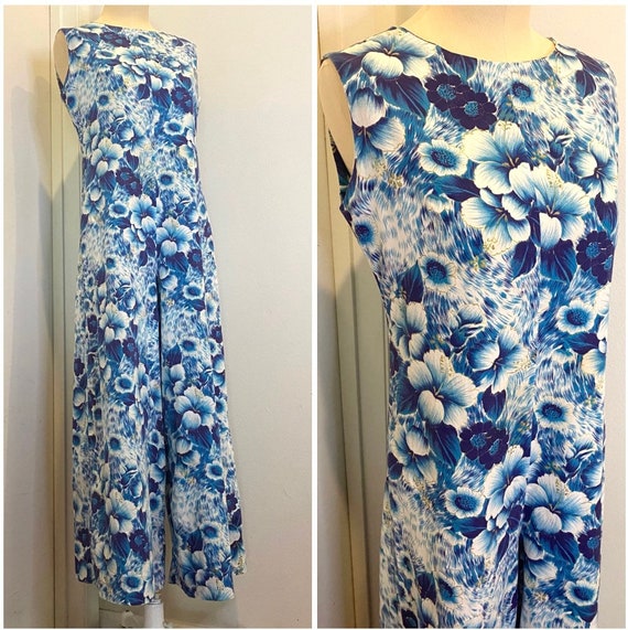 60s Jumpsuit WOW Blue Hawaiian Print Long Romper M