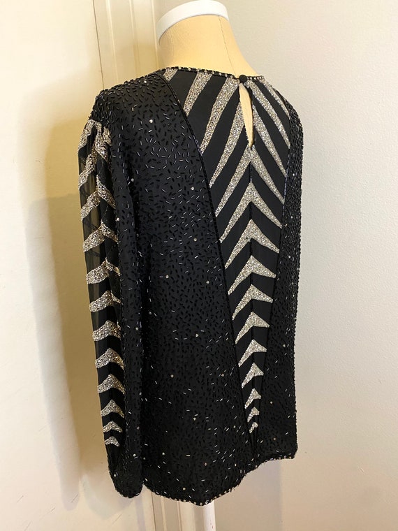 80s does 20s Vintage Beaded Silver & Black Chevro… - image 3