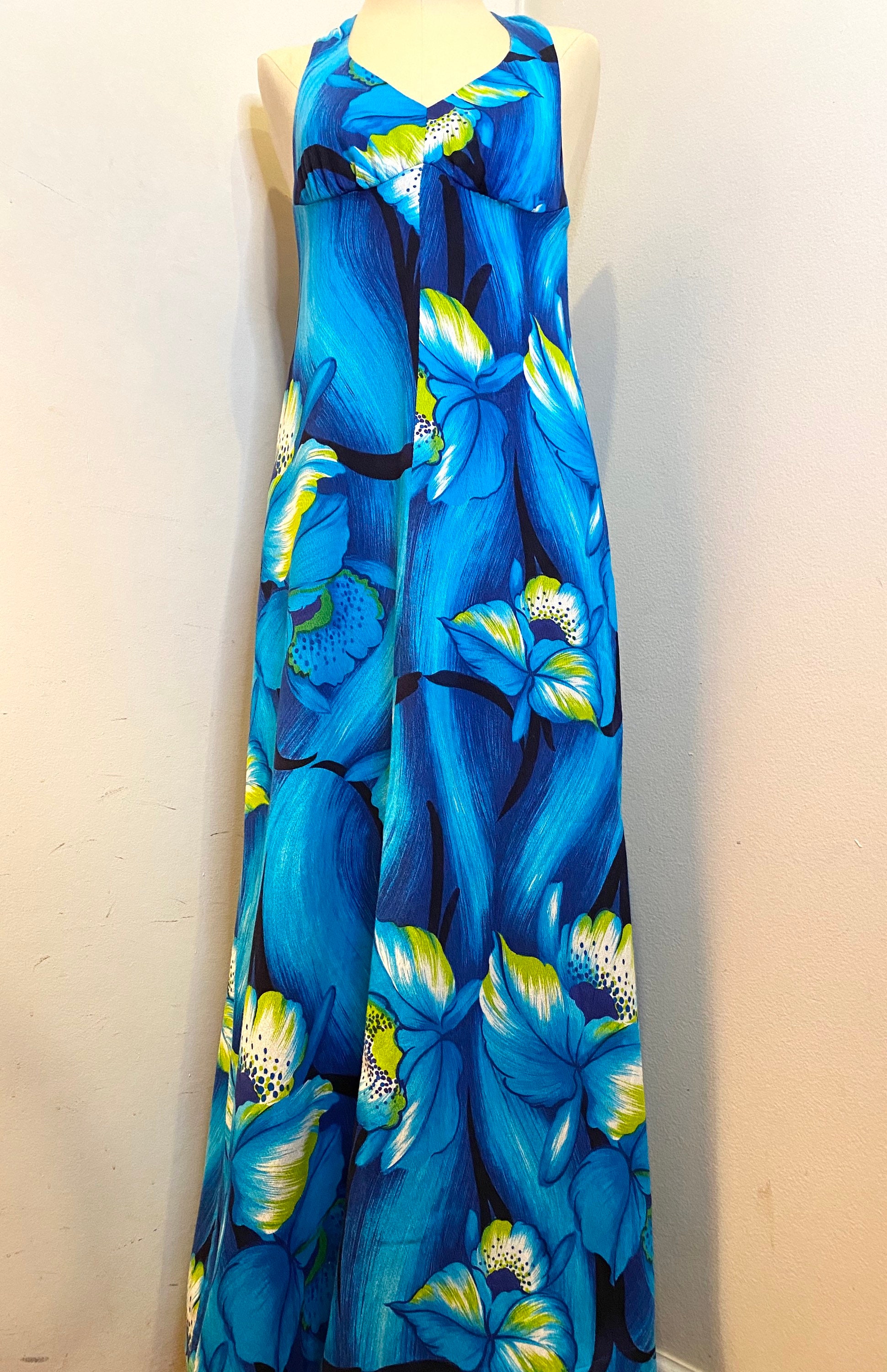 60s Halter Maxi Dress Hawaiian Tiki Deep Turquoise Print XS S - Etsy