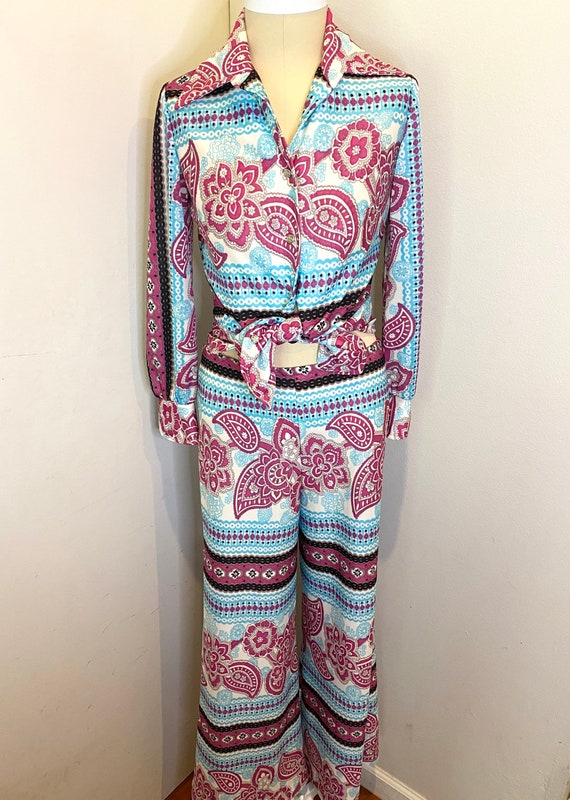 60s 2-Piece Bell Bottom & Blouse Psychedelic Prin… - image 2