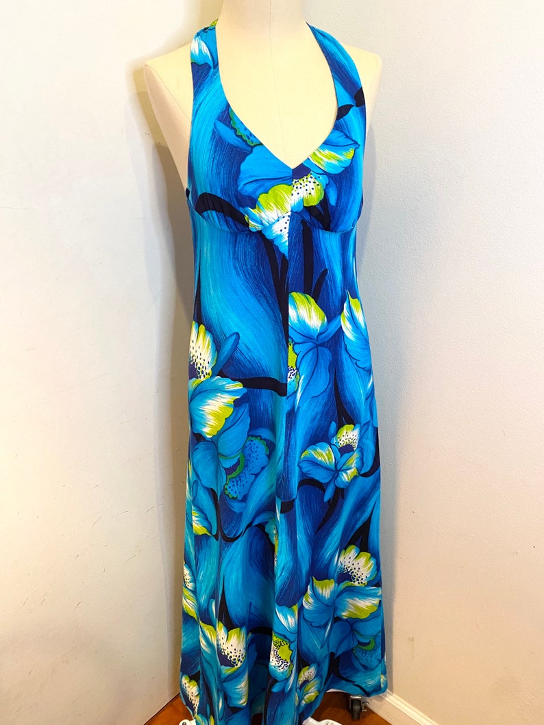 60s Halter Maxi Dress Hawaiian Tiki Deep Turquoise Print XS S - Etsy