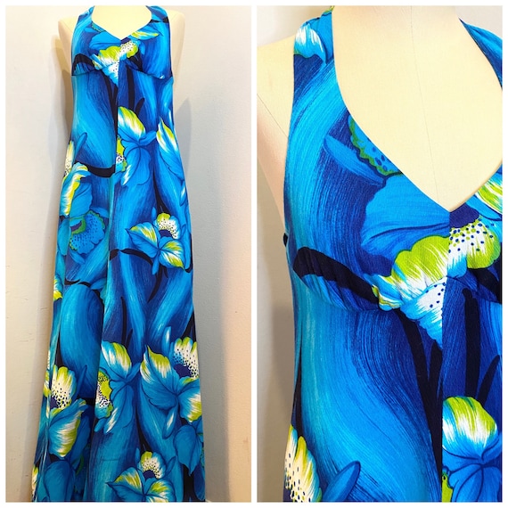 60s Halter Maxi Dress Hawaiian Tiki Deep Turquoise Print XS | Etsy