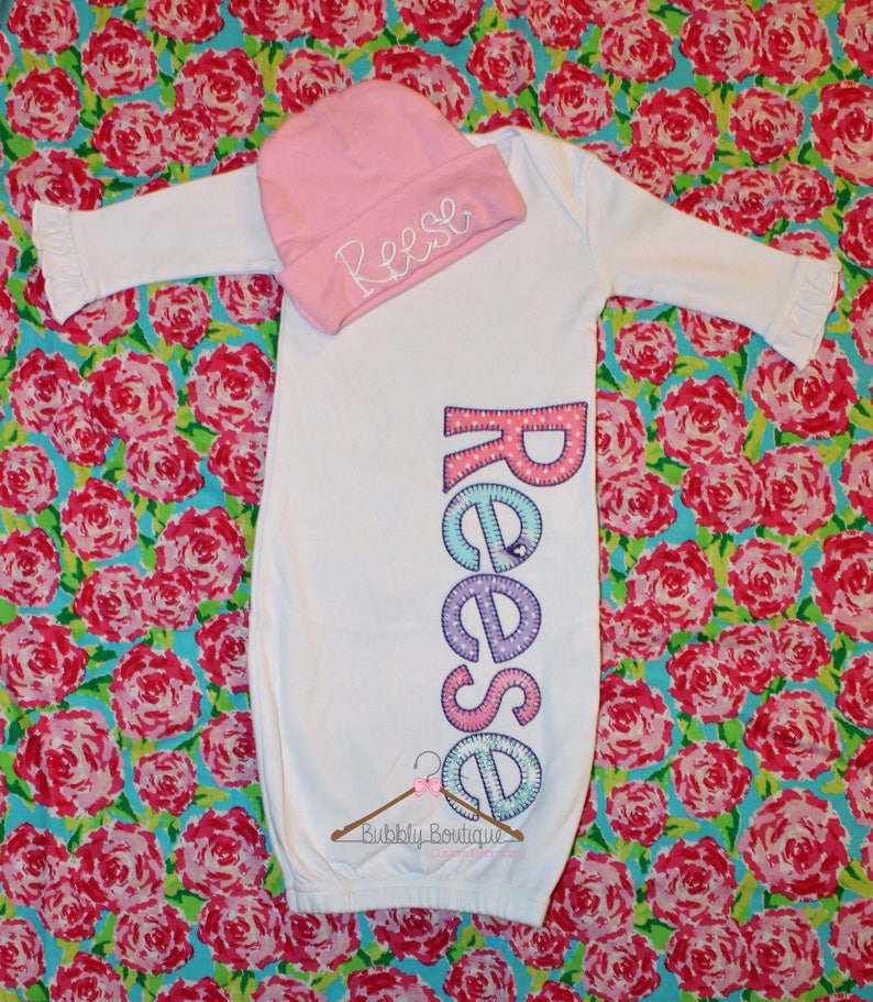 Infant girls /& boys embroidered personalized gown and hat for hospital coming home baby shower newborn name bay layette monogram