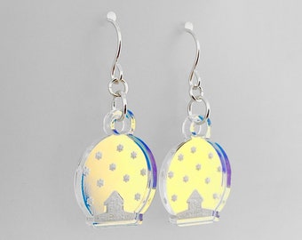 Snow Globe Earrings - Iridescent Rainbow - Silver Plated - Holographic Glitter - Winter - Snowflakes - Accessories