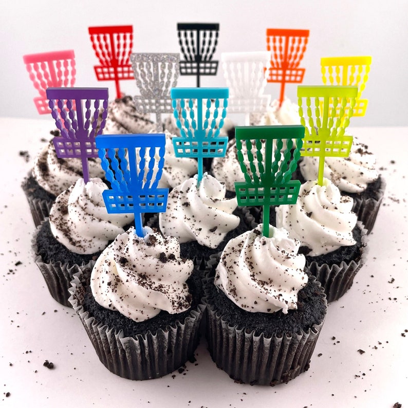 12 mini cupcakes with tiny disc golf basket cupcake toppers in every color option available.