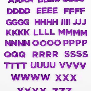 An image showing rows of capital letters cut from bright neon purple acrylic to show how many of each letter are included in each set of 100. With four of each letter except for the 4 least commonly used letters, J, Q, X, & Z, which only include 3 of each. Creating a total of 100 letters.