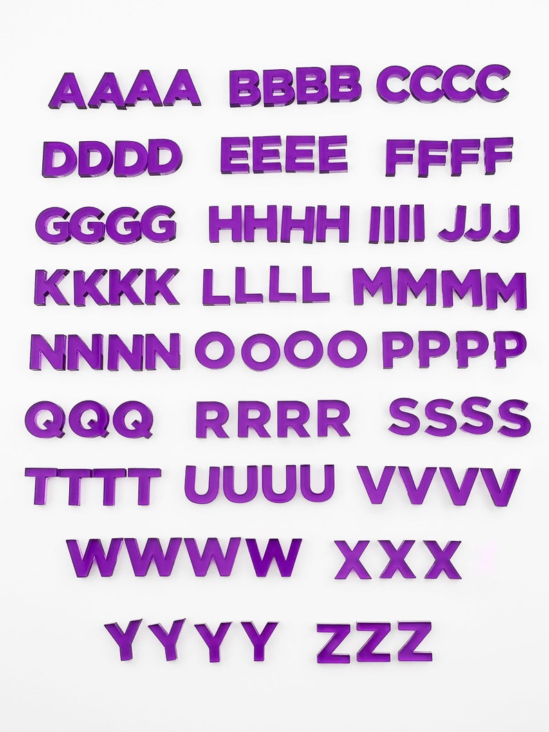 An image showing rows of capital letters cut from bright neon purple acrylic to show how many of each letter are included in each set of 100. With four of each letter except for the 4 least commonly used letters, J, Q, X, & Z, which only include 3 of each. Creating a total of 100 letters.