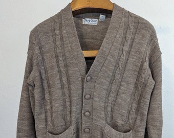 Vintage 1970's Troy Hill Taupe Knit Cardigan Grandpa Sweater LARGE