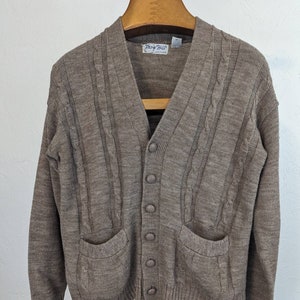 Vintage 1970&#39;s Troy Hill Taupe Knit Cardigan Grandpa Sweater LARGE