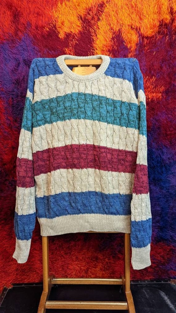 Vtg BOSTON TRADERS Cable Knit Striped 90s Sweater 