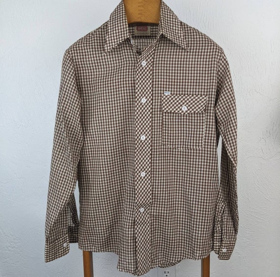 Vintage 1970's BREAD Brown Gingham Long Sleeve Bu… - image 1