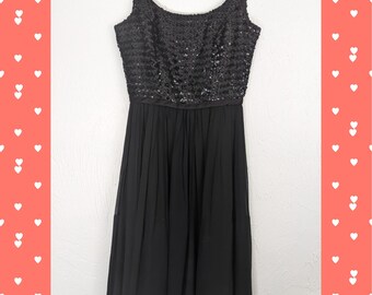 Flirty 1960s Black Sequin and Chiffon Cocktail Dress a-la- Miss Maisel Size S