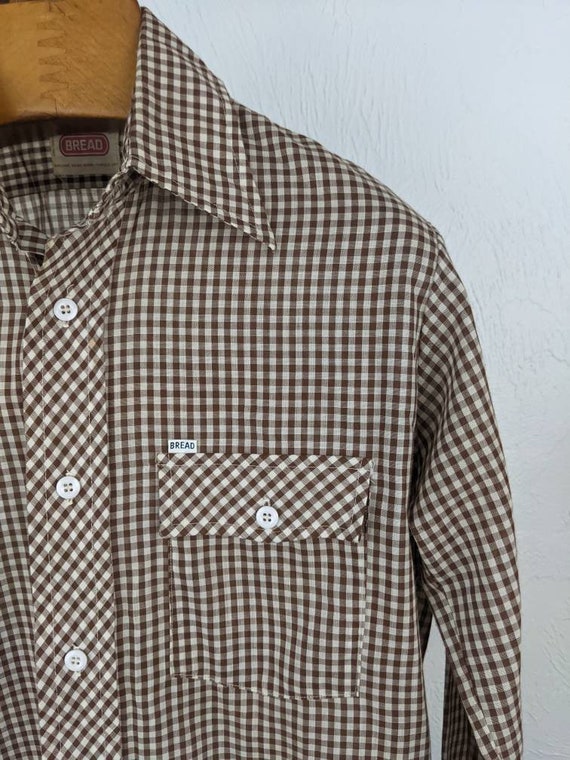 Vintage 1970's BREAD Brown Gingham Long Sleeve Bu… - image 2