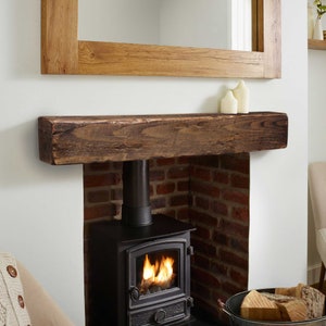 Rustic Floating Fireplace Mantel Shelf | Farmhouse Wood Beam Mantle | Custom Reclaimed Style Barn Wood Mantel