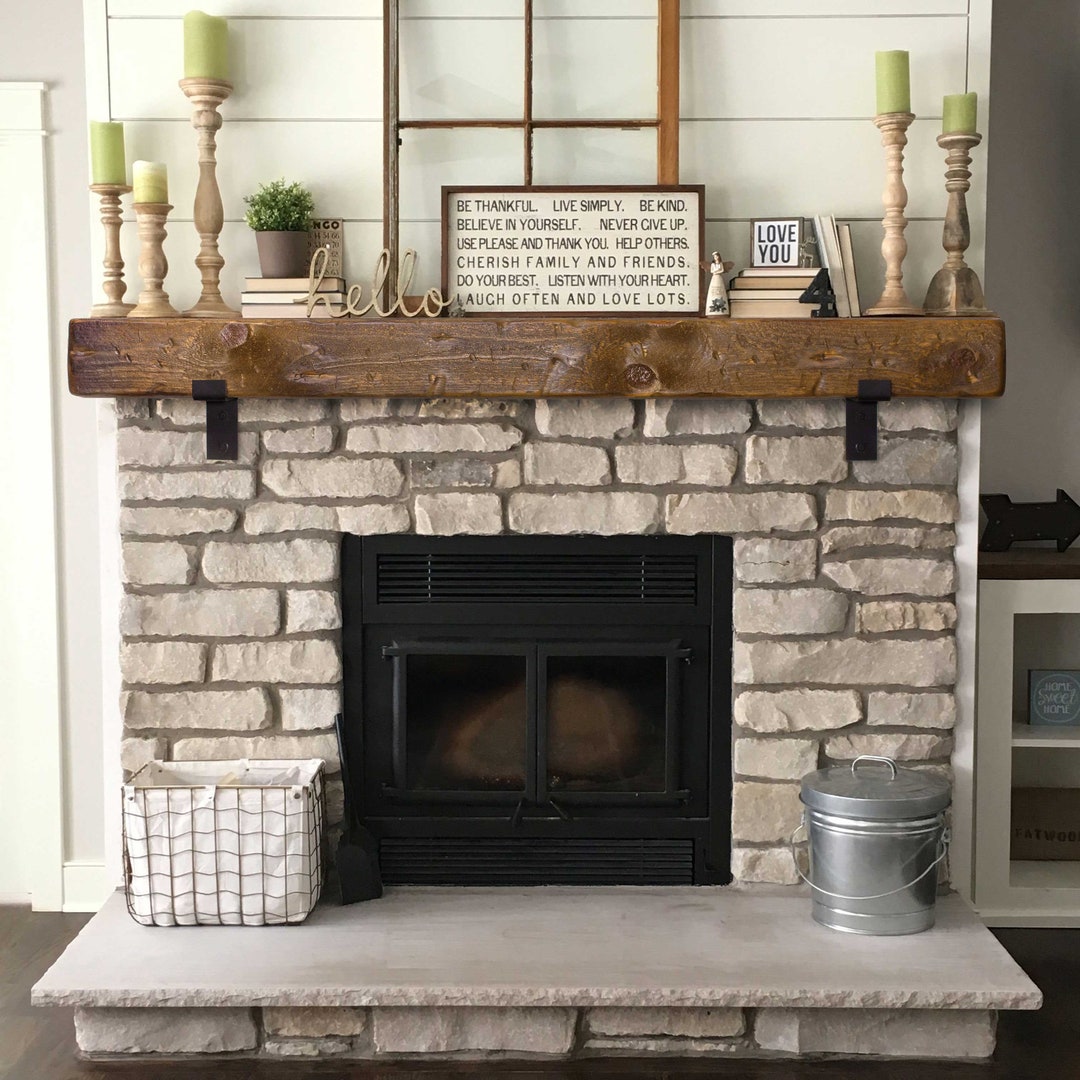 Rustic fireplace mantel with metal brackets mantel 5x6 6x6 etsy