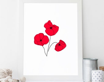 Poppy Printable, Instant Download, Original Poppy Illustration, Floral Nursery Decor, Flower Print, Poppy Print, Digital Art, Floral Art