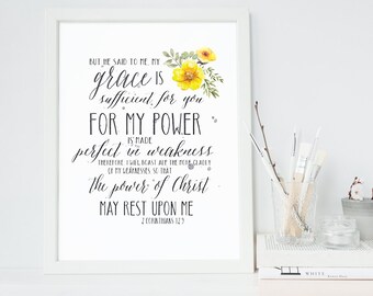 2 Corinthians 12:9 - Scripture Print Digital File - Instant Download - Bible Verse Art - Christian Typography - Floral Printable