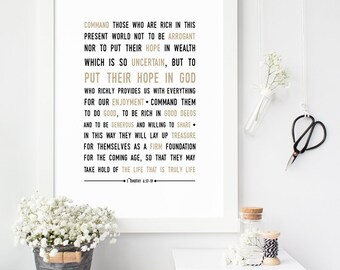 1 Timothy 6:17-19 - Scripture Print Digital File - Instant Download - Bible Verse Art - Christian Typography - Wall Art - Scripture