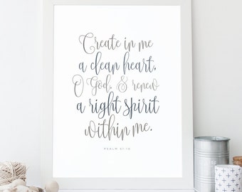 Salmo 51:10, Descarga instantánea, Arte de pared del versículo de la Biblia, impresión de las Escrituras, DIY imprimible, impresión cristiana, versículo bíblico imprimible