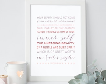 1 Peter 3:3-4, Instant Download, Bible Verse Wall Art, Scripture Print, DIY Printable, Christian Print, Printable Bible Verse